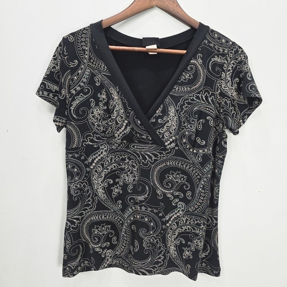 Vintage Y2k 90s Babydoll Top XL Black Stretch Whimsigoth Dark Grunge Paisley Vtg